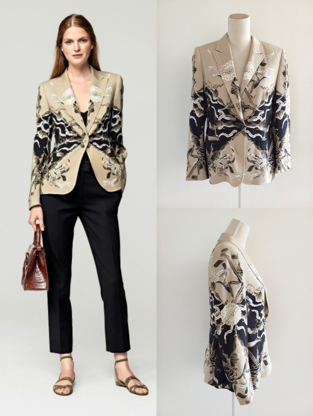 Like New Escada Silk Bozena Heritage Print beige & black Abstract Print Blazer